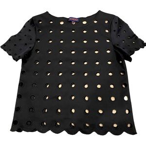 Mordicci short sleeve top with scallop trim and circle cut out design. Size xs
